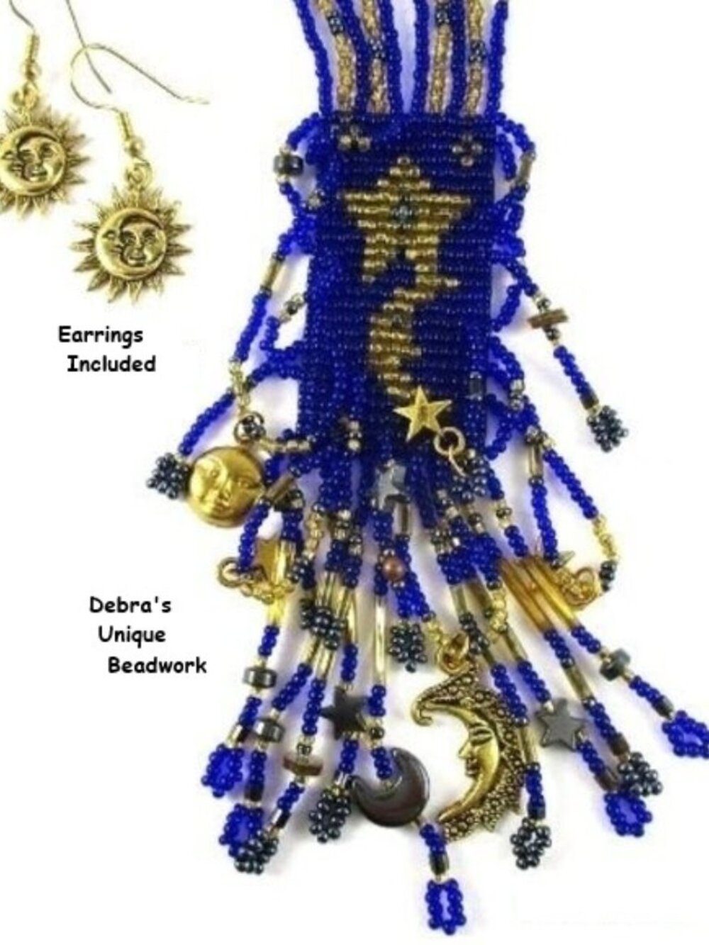 Moon Stars Celestial Necklace Earrings Set Cobalt Blue Gold Beadwork